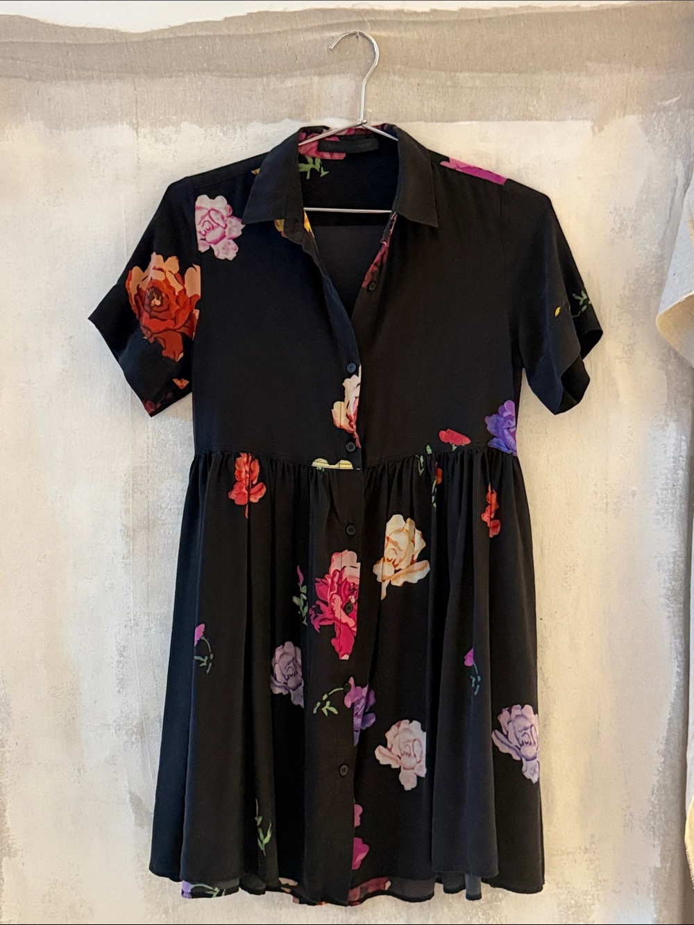 Black Floral Mini Dress with Button Front